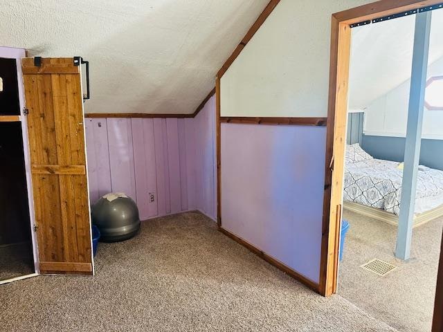 additional living space with light carpet, wood walls, vaulted ceiling, and a textured ceiling