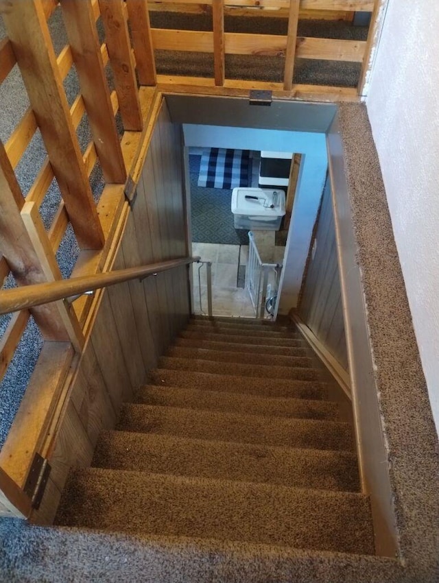 stairs featuring wood walls