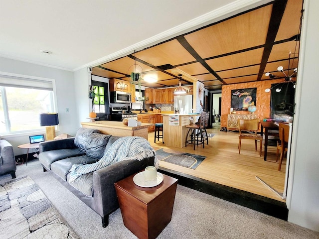 living room featuring crown molding and light hardwood / wood-style flooring