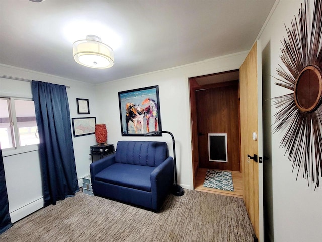 sitting room with ornamental molding and a baseboard radiator