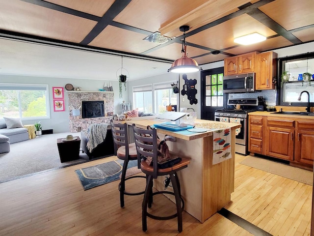 kitchen featuring stainless steel appliances, a wealth of natural light, sink, and light wood-type flooring