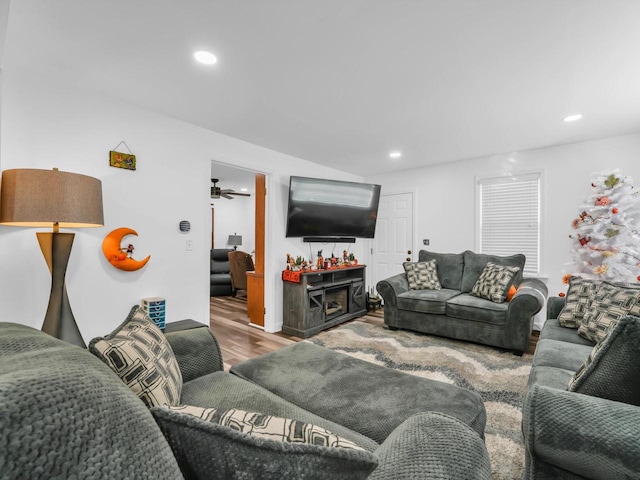 living room featuring ceiling fan and hardwood / wood-style floors