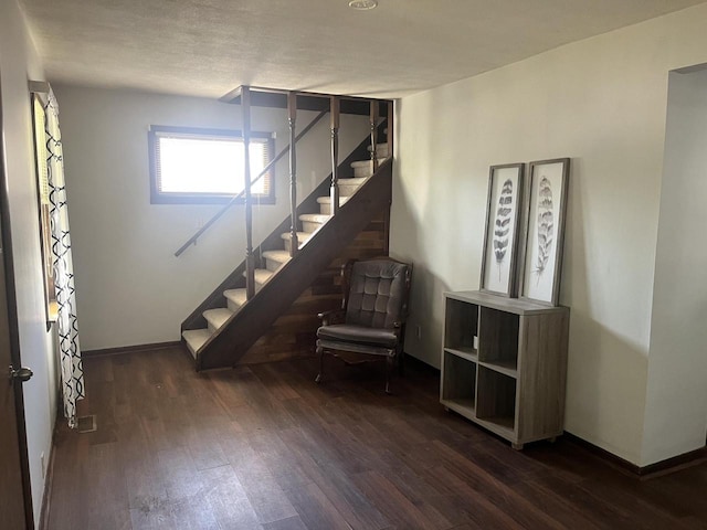 basement with dark hardwood / wood-style floors