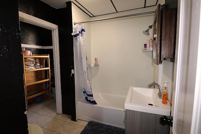 full bathroom with shower / bathtub combination with curtain, tile patterned floors, vanity, and toilet