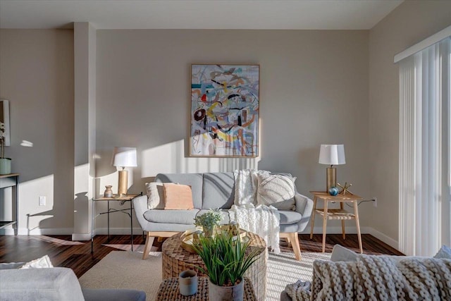 living area featuring baseboards and wood finished floors