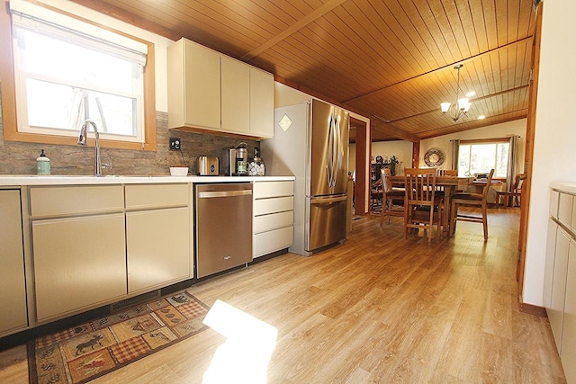 kitchen featuring pendant lighting, wood ceiling, vaulted ceiling, stainless steel appliances, and white cabinetry