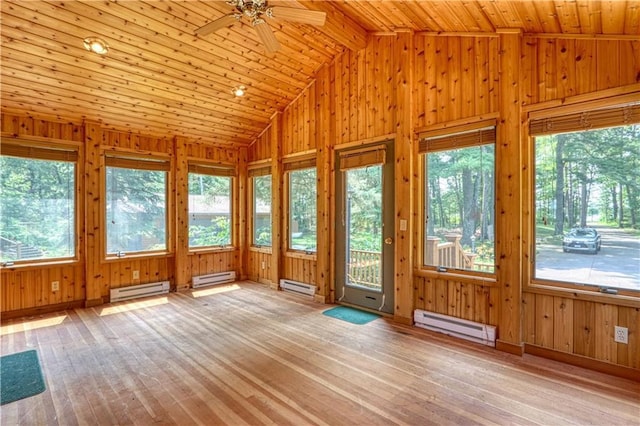 6874N Victory Heights Cir, Stone Lake, WI 54876 - unfurnished sunroom featuring a baseboard radiator, wood walls, hardwood / wood-style flooring, and wood ceiling