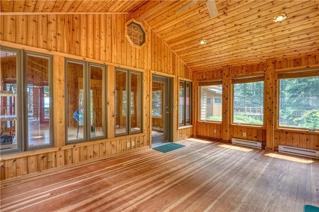 6874N Victory Heights Cir, Stone Lake, WI 54876 - unfurnished sunroom featuring a baseboard radiator, wood walls, wood ceiling, hardwood / wood-style floors, and high vaulted ceiling