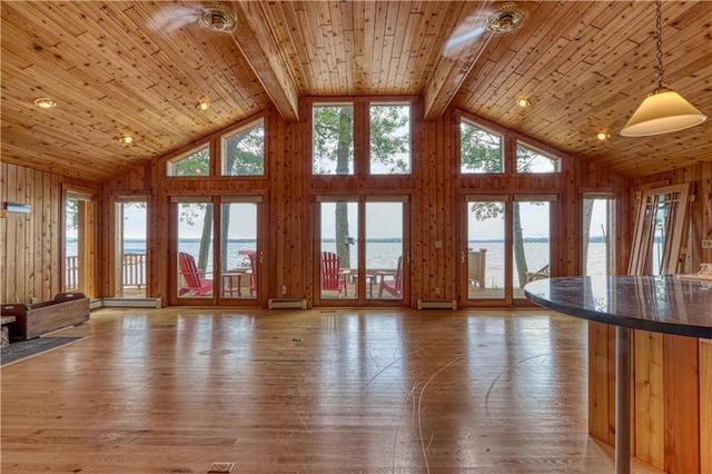 6874N Victory Heights Cir, Stone Lake, WI 54876 - unfurnished living room with high vaulted ceiling, light wood-style floors, a water view, wood walls, and wooden ceiling with exposed beams