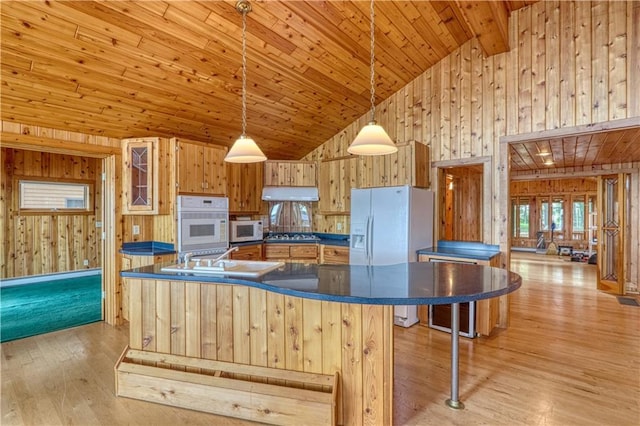 6874N Victory Heights Cir, Stone Lake, WI 54876 - kitchen with white appliances, a sink, under cabinet range hood, wooden walls, and dark countertops