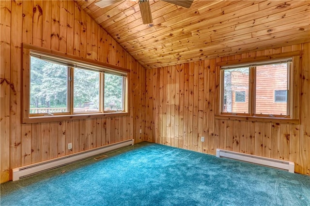 6874N Victory Heights Cir, Stone Lake, WI 54876 - carpeted empty room featuring a baseboard heating unit, lofted ceiling, a ceiling fan, wood ceiling, and wooden walls