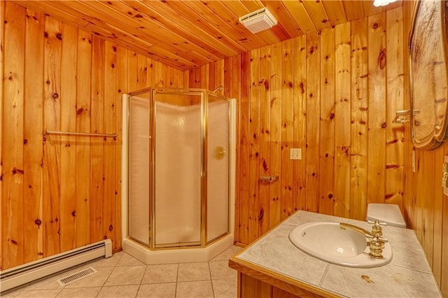 6874N Victory Heights Cir, Stone Lake, WI 54876 - full bathroom with a stall shower, tile patterned flooring, wood walls, a baseboard radiator, and wood ceiling