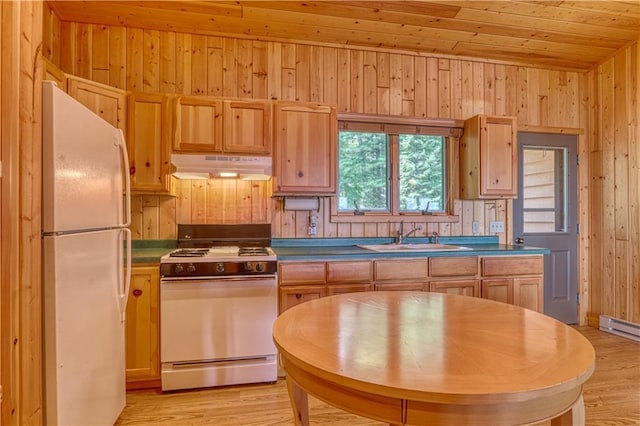6874N Victory Heights Cir, Stone Lake, WI 54876 - kitchen featuring white appliances, under cabinet range hood, a sink, wooden ceiling, and wood walls