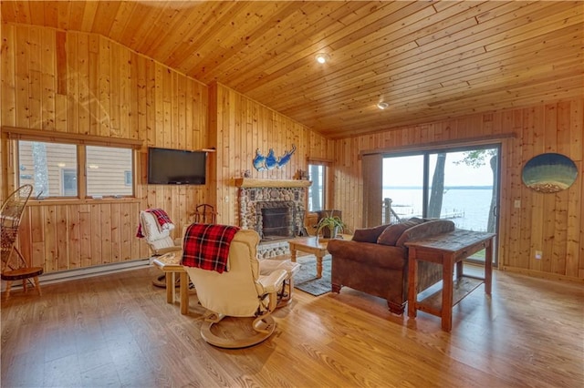 6874N Victory Heights Cir, Stone Lake, WI 54876 - living area with vaulted ceiling, wood ceiling, wood walls, light wood-style flooring, and a stone fireplace