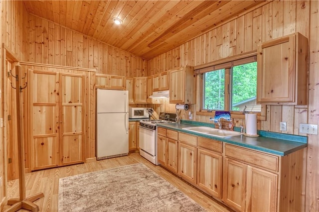 6874N Victory Heights Cir, Stone Lake, WI 54876 - kitchen with white appliances, a sink, vaulted ceiling, wooden ceiling, and dark countertops