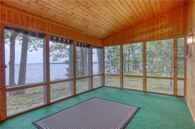 6874N Victory Heights Cir, Stone Lake, WI 54876 - unfurnished sunroom featuring a water view, carpet flooring, and vaulted ceiling