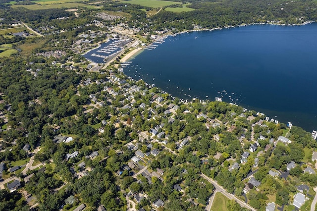 bird's eye view with a water view