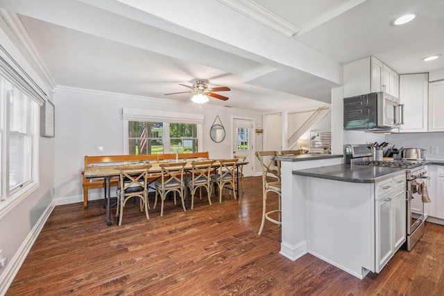 kitchen with white cabinets, appliances with stainless steel finishes, dark wood-type flooring, and kitchen peninsula