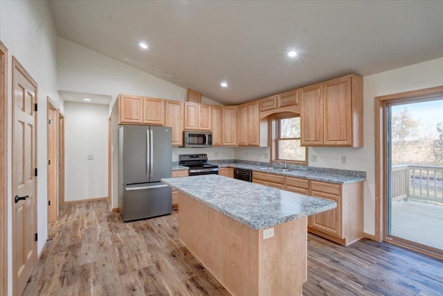 425 Mourning Dove Ct, Arena, WI 53503 - kitchen featuring stainless steel appliances, light brown cabinetry, light wood-style flooring, a center island, and baseboards