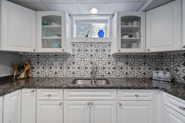 N1814 Highland Rd, Lake Geneva, WI 53147 - kitchen featuring a sink, glass insert cabinets, white cabinets, and a drop ceiling