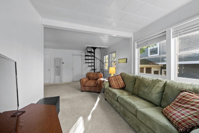 N1814 Highland Rd, Lake Geneva, WI 53147 - carpeted living room with stairs and beamed ceiling