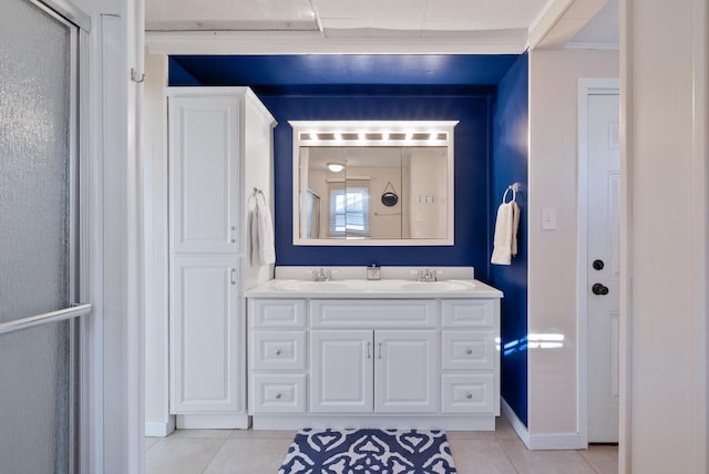 N1814 Highland Rd, Lake Geneva, WI 53147 - bathroom with tile patterned floors, double vanity, and an enclosed shower