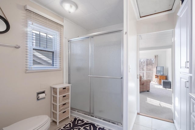 N1814 Highland Rd, Lake Geneva, WI 53147 - bathroom featuring a shower stall, tile patterned floors, toilet, and ornamental molding