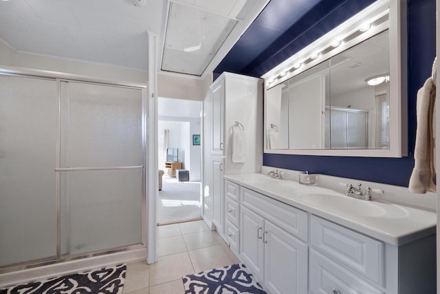 N1814 Highland Rd, Lake Geneva, WI 53147 - full bath with a stall shower, double vanity, and tile patterned flooring
