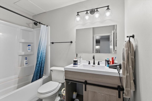 full bathroom with shower / tub combo, toilet, and vanity