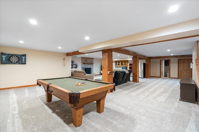 game room with pool table, a fireplace, and carpet