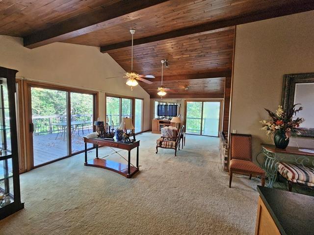 carpeted living room with lofted ceiling with beams, ceiling fan, and wood ceiling