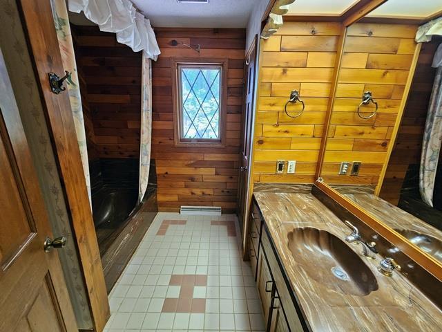 bathroom with vanity, wood walls, and curtained shower