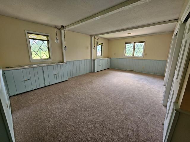 carpeted empty room featuring a textured ceiling