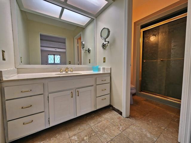 bathroom with a skylight, vanity, toilet, and a shower with door