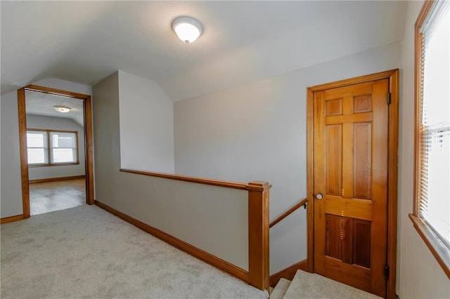 interior space with carpet and vaulted ceiling