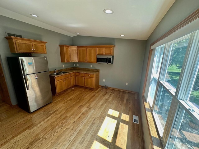 kitchen with a healthy amount of sunlight, stainless steel appliances, and vaulted ceiling