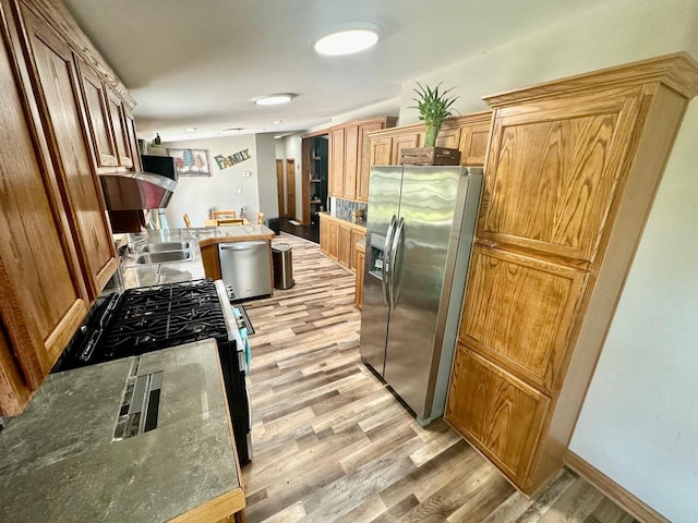 kitchen with sink, stainless steel appliances, light hardwood / wood-style flooring, and dark stone counters