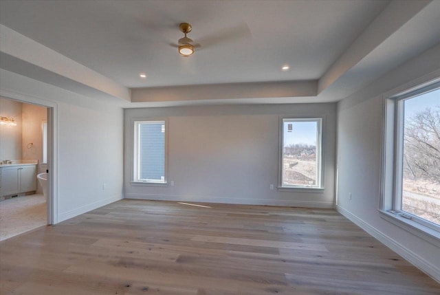 1438 Greenleaf Ct, Sun Prairie, WI 53590 - interior space featuring light wood-type flooring, ensuite bathroom, a tray ceiling, and baseboards