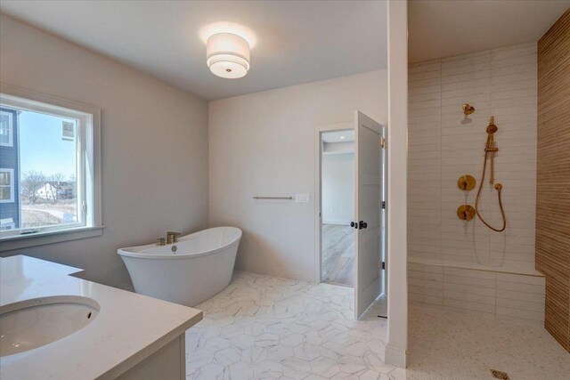 1438 Greenleaf Ct, Sun Prairie, WI 53590 - bathroom with a freestanding tub, vanity, and a tile shower