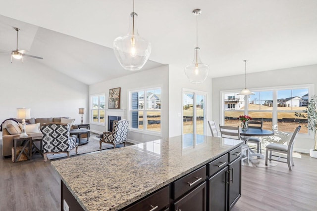 kitchen featuring lofted ceiling, light stone counters, open floor plan, light wood-type flooring, and a fireplace