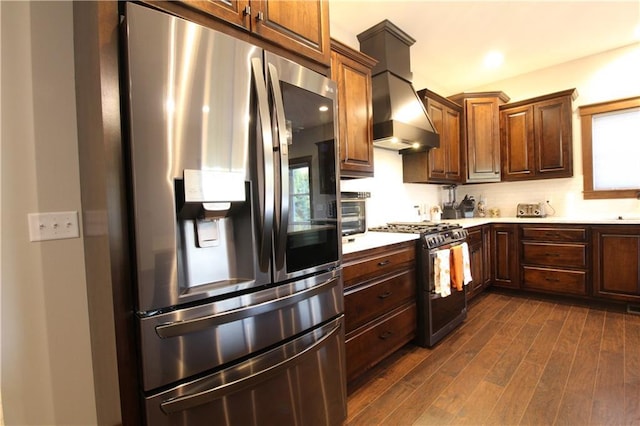 kitchen featuring stainless steel appliances, custom range hood, dark hardwood / wood-style flooring, and a healthy amount of sunlight