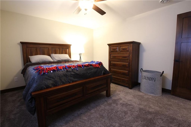 bedroom with dark carpet and ceiling fan