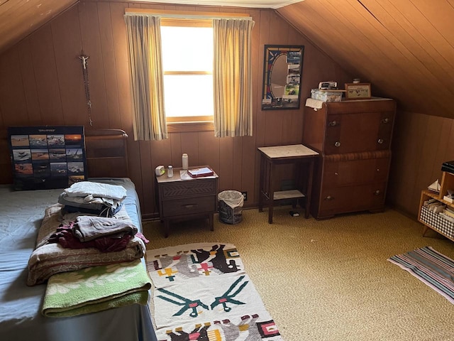 W6011 Pike River Rd, Wausaukee, WI 54177 - bedroom with vaulted ceiling, carpet flooring, and wood walls