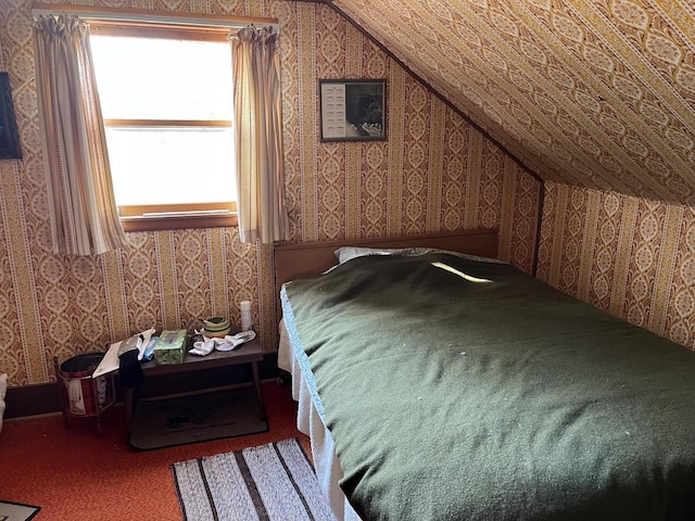 W6011 Pike River Rd, Wausaukee, WI 54177 - carpeted bedroom featuring wallpapered walls and lofted ceiling