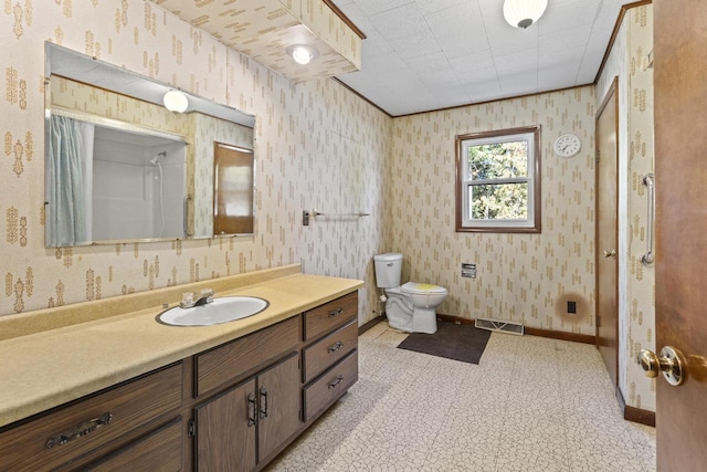 bathroom featuring vanity, a shower, and toilet