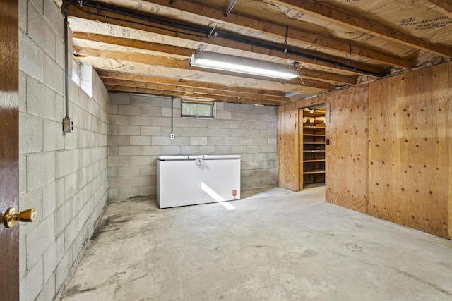 basement with white fridge