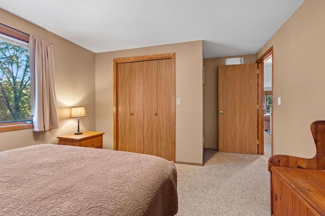 carpeted bedroom featuring a closet and multiple windows