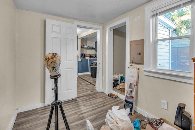 foyer entrance with electric panel and hardwood / wood-style floors