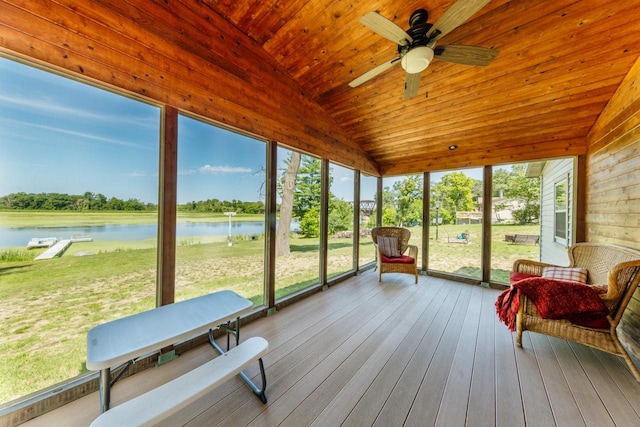 sunroom / solarium featuring a water view, plenty of natural light, and wood ceiling