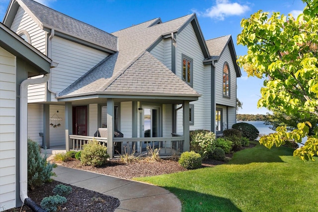 view of property exterior featuring covered porch and a lawn